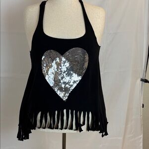 Stylish Black Fringe Tank Top with Silver Heart